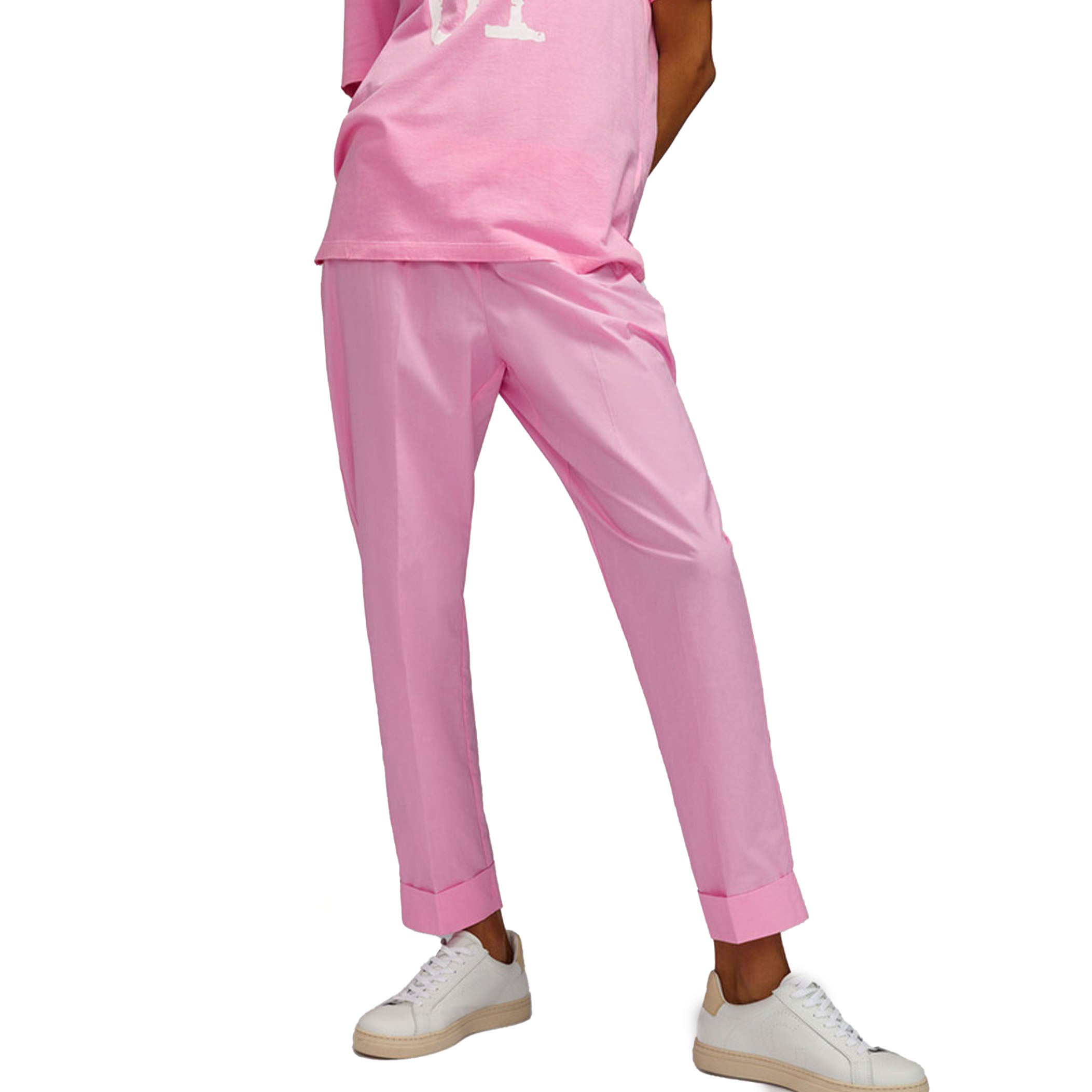 Pantalone in popeline con risvolto rosa confetto